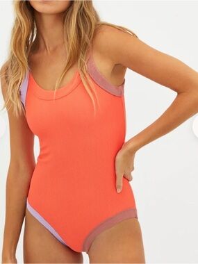Beach Riot Linda one piece swimsuit Coral Colorblock Ribbed Lilac Mauve Trim
